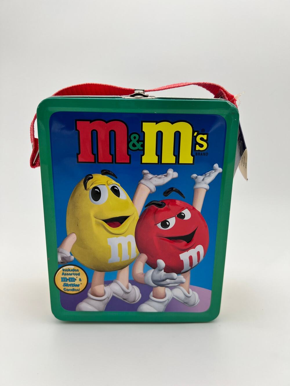 2001 M&M's Christmas Metal Lunch Box Candy Tin w/ Strap & Original Hang Tag